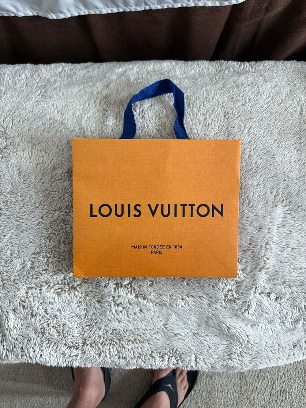 Authentic Louis Vuitton Orange Paper Shopping Gift Bag with Blue Handles